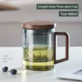 Elegant 400ml borosilicate glass tea cup featuring a wooden lid and ergonomic handle - 400ml / Straight Minimalist Three-Piece Cup / Cyan-Grey