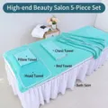 Detalle del juego de 5 toallas de salón de belleza verde menta con falda de baño y funda - Verde Turquesa / Turban 20*70cm