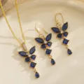 Detailed view of vintage light luxury blue sapphire floral necklace and earrings set - Jewelry Set (With Stainless Steel Chain) / Blue