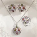 Elegant rainbow zircon flower necklace, ring and earrings jewelry set for formal wear - Size 6 / Earring Pendant and Ring Set