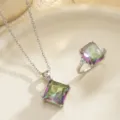 Detail of rainbow square crystal pendant and matching ring set with side diamonds. - Size 6 / Pendant Necklace and Ring Set