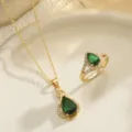 Close-up of gold-plated emerald green waterdrop jewelry set with necklace and ring - Size 6 / Necklace And Ring Set