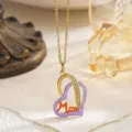 Detail view of heart necklace with purple enamel and orange Mom charm for Mothers Day - Purple (With Chain)