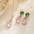 Detail view of teardrop pendant jewelry set with pink and green gemstones - Pink Purple Water Drop Style Set (10069+10356)