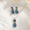 French retro gradient gemstone necklace and earring set with water drop crystal pendants - Earrings and Pendant (11175) / Blue + Green