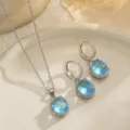 Elegant light blue zircon pendant necklace and earrings jewelry set for bridal gowns - Oval Style (10871) / Necklace and Earring Set / Aquamarine/Silver