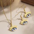 Close-up of retro gold-plated evil eye enamel jewelry set with necklace and earrings - Blue Crown Style (80486)