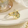 Elegant close-up showing the intricate multicolor zircon inlay on the golden Tree of Life ring - Colorful Zirconia Tree of Life Style (80369)