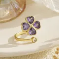 Close-up of rotatable four-leaf clover ring with purple heart-shaped zircons - Purple Heart Four Leaf Clover Style (80392)