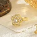 Close-up of elegant gold flower ring featuring micro-pave cubic zirconia petals for women - Open Adjustable / Sunflower Style (80377)