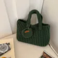 Detailed view of dark green retro hand-knitted cotton thread tote bag with charm - Dark Green