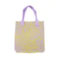 Close-up of a purple and yellow leopard print knitted tote bag with top handles - Purple Yellow Leopard