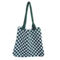 Groen-wit geruite gebreide draagtas voor dames met comfortabele schouderbanden. - Groen/Wit