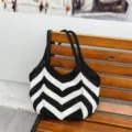 Stylish handmade black and white chevron pattern crochet shoulder bag with large capacity - One Size / Black