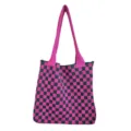 Grote gebreide shopper met roze en donkergroen ruitpatroon en lange schouderbanden - Roze Groen