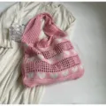 Pink knitted heart pattern hollow tote bag with large capacity shopping design - Pink