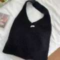 Handmade black knitted tote bag with large capacity and minimalist egg label design - One Size / Black