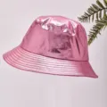 Shiny pink metallic patent leather bucket hat with foldable brim for Harajuku style - One Size / Pink (Black Reverse)