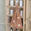 Large brown crochet tote bag with white star and heart patterns for summer vacation - Brown