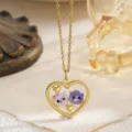 Close-up detail of the gold heart pendant with purple and pink enamel kitten faces - Purple-Cat Style (With Chain)