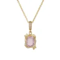 Elegant gold necklace featuring a square pink crystal pendant with delicate star accents - Necklace / Pink