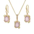 Luxurious gold-plated necklace and earrings jewelry set with pink square crystals - Set / Pink
