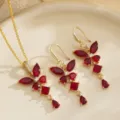 Vintage court style jewelry set with red zircon necklace and drop earrings in gold finish - Jewelry Set (80490) / Red