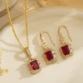 Elegant vintage style emerald cut red zircon gemstone necklace and earrings set - Jewelry Set (80492) / Red