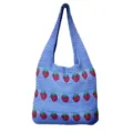 Light blue knitted crochet tote bag with vibrant red strawberry pattern for women - Blue