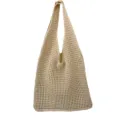 Vista dettagliata della borsa tote beige in maglia traforata con elegante texture crochet. - Kaki
