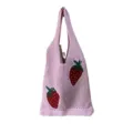 Trendy pink knitted mesh tote bag featuring cute strawberry embroidery for women - Pink