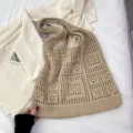 Elegante bolso tote vintage beige de ganchillo calado con red y detalles de flores - Caqui