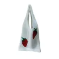 Trendy white handmade crochet mesh tote bag featuring cute strawberry embroidery - White