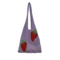 Handmade purple knitted mesh tote bag featuring two vibrant red strawberry motifs - Purple