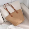 Large capacity minimalist straw woven shoulder bag for seaside vacation and beach - Khaki