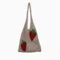 Handmade style strawberry pattern mesh knitted hollow-out tote bag in beige color for women - Khaki