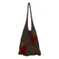 Boho style brown knitted mesh tote bag featuring vibrant red strawberry pattern details - Coffee