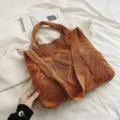 Large capacity retro orange cable knitted tote bag for autumn and winter fashion - Caramel color