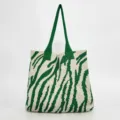 Groene gebreide shopper met zebraprint en grote capaciteit voor de lente/zomer - Groen/Wit