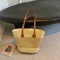 Zomerse stro geweven draagtas met bruine handvatten voor het strand - 42*28*13cm / Beige Khaki Strepen