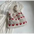 Knitted hollow tote bag with red heart patterns for women shopping - Beige
