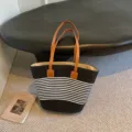 Large striped straw woven tote bag with brown leather handles for summer vacation - 42*28*13cm / Black and White Patchwork