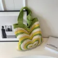 Stijlvolle gebreide shopper tas voor dames met kleurrijk hartjespatroon grote schoudertas - Groen