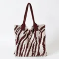 Stylish zebra print knitted tote bag with large capacity in brown and white finish. - Coffee