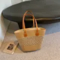 Large handmade summer straw tote bag with brown faux leather handles for beach trips - 42*28*13cm / Khaki Hollow Out