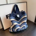 Blue and white knitted heart pattern shoulder tote bag, large capacity casual shopping bag. - Blue