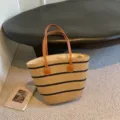 Stylish large straw woven tote bag with black stripes and brown handles for summer - 42*28*13cm / Khaki Black Wide Stripe