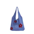 Bolso de malla de ganchillo azul con flores rojas, bolso de hombro de verano casual - Estilo Tejido de Flores / Azul con Estampado Floral Rojo