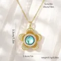 Gold-plated flower pendant necklace featuring a rotating teal center and zircon stones - Style 80475 (Pendant with Stainless Steel Chain)