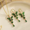 Vintage butterfly emerald green zircon jewelry set with gold necklace and earrings - Hollow Butterfly 2-Piece Set (80490) / 3-Piece Set (Earrings + Pendant + Chain) / Gold Tone (Emerald Green Zirconia)